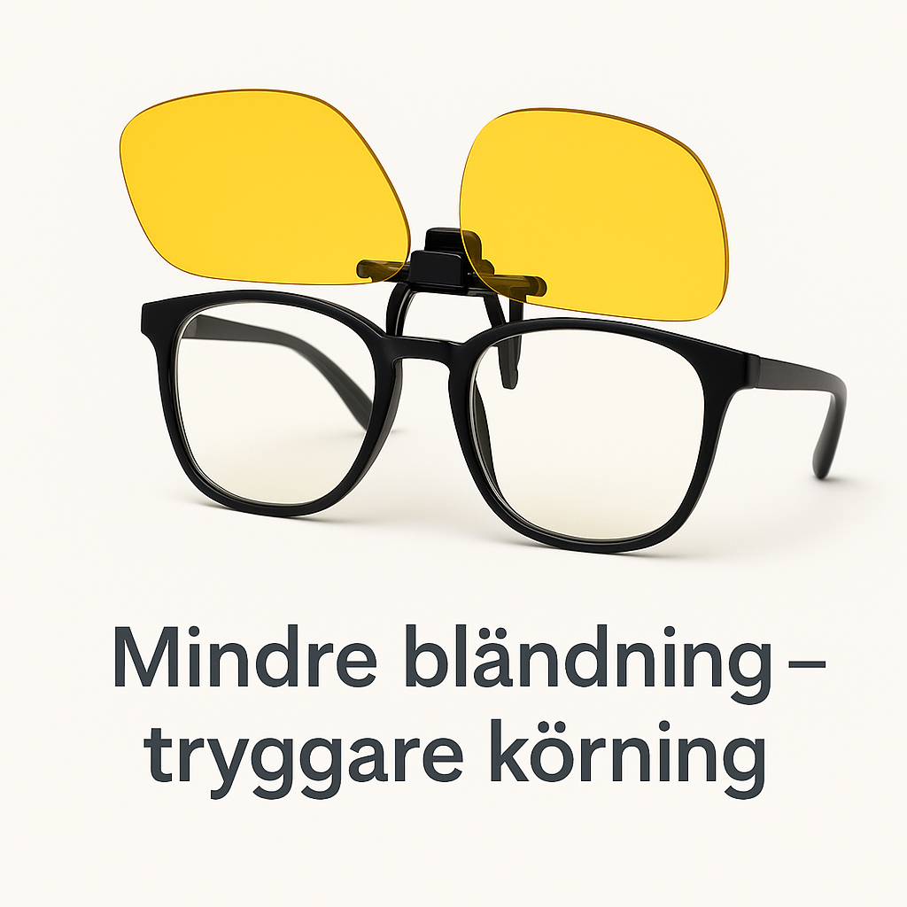 Flip-up mörkerkörningsglasögon med gula linser i uppfällt läge – clip-on modell för vanliga glasögon.