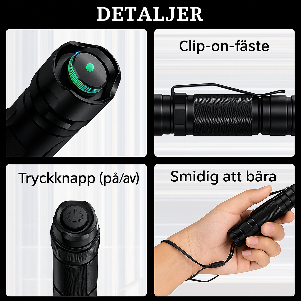 Laserpekare PRO med USB-laddning och robust aluminiumkropp.