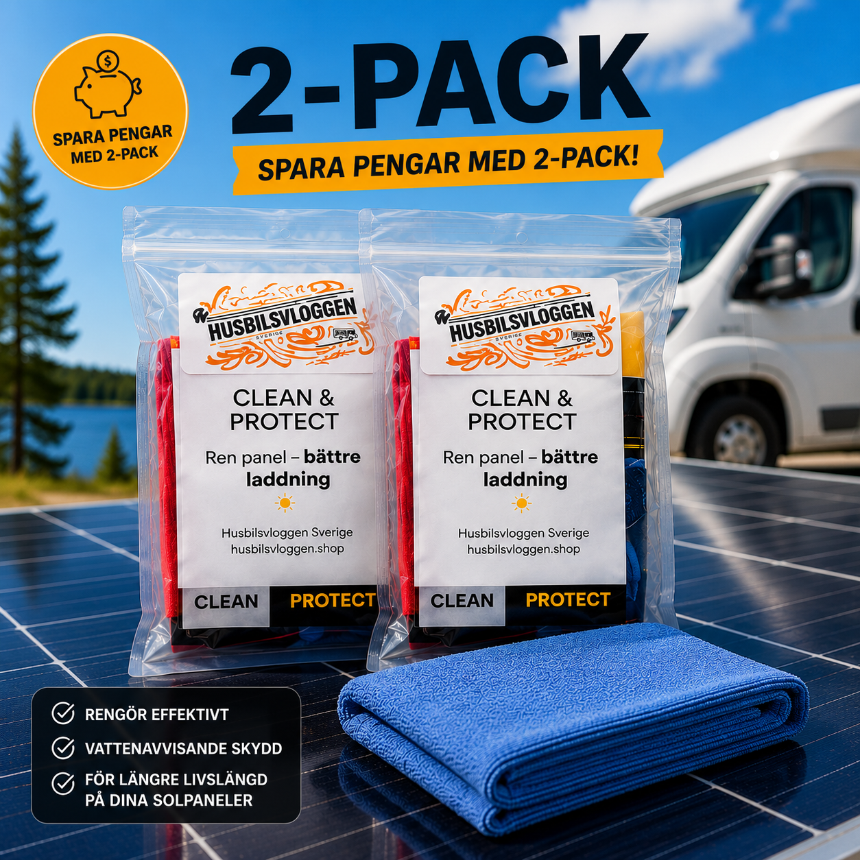 Clean & Protect 2-pack solpanelvård för husbil med två rengöringskit på solpanel framför husbil
