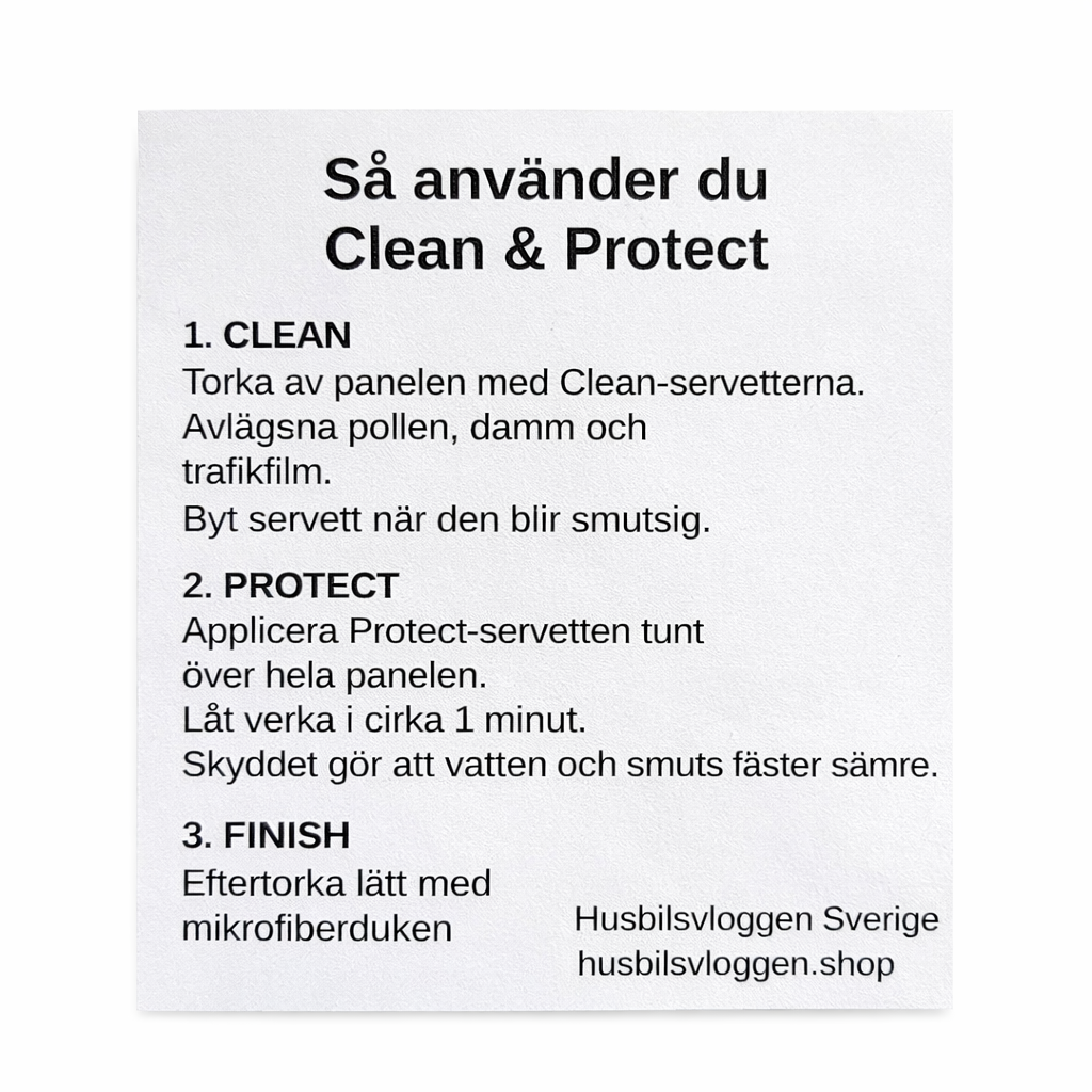 Instruktion hur man använder Clean & Protect solpanelvård för husbil med steg clean protect finish