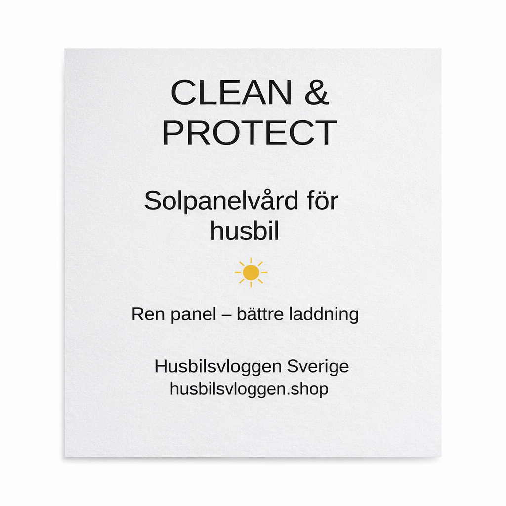 Clean & Protect solpanelvård för husbil med texten ren panel bättre laddning från Husbilsvloggen