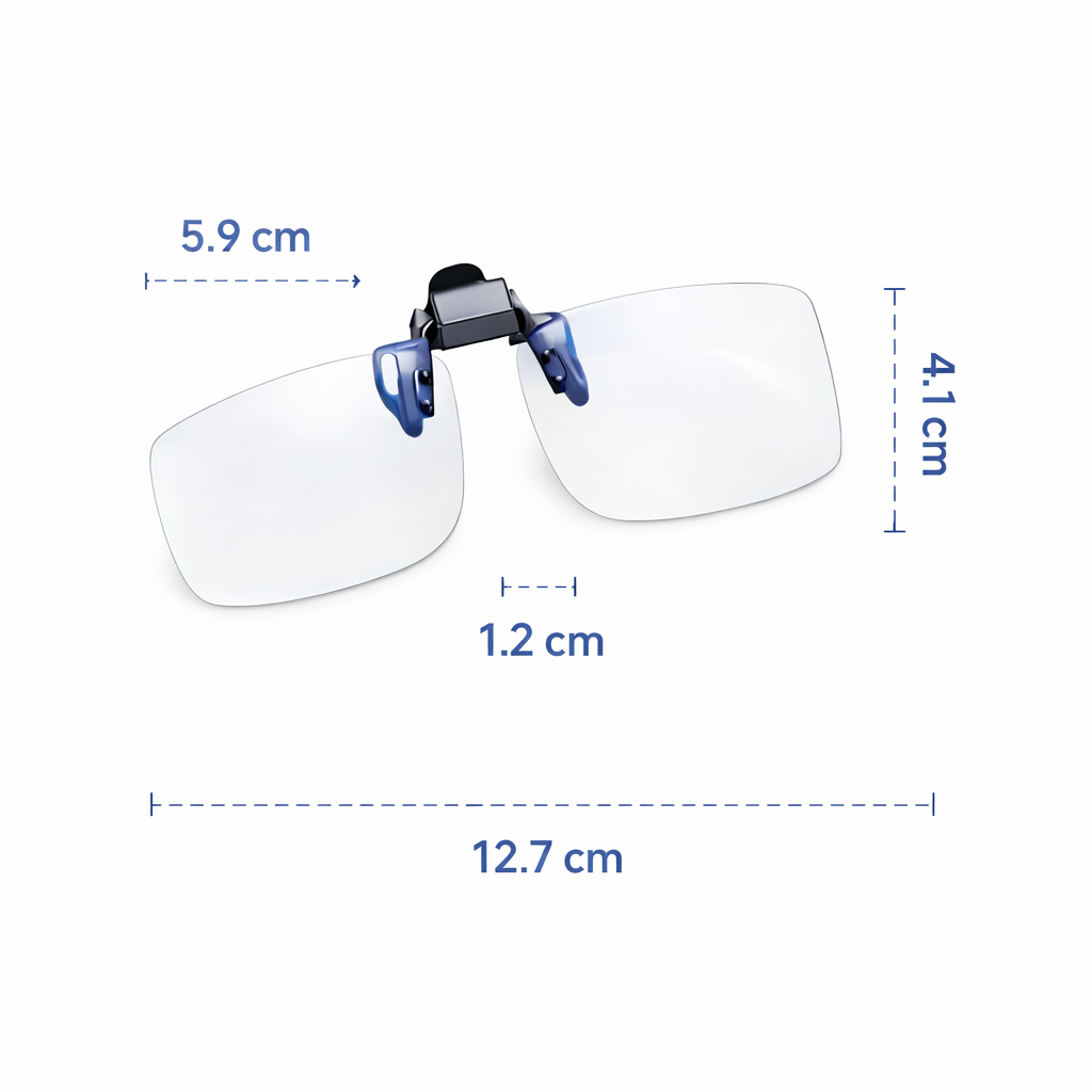 Måttbild för clip-on blåljusfilter till glasögon med bredd, höjd och totalmått angivet i centimeter