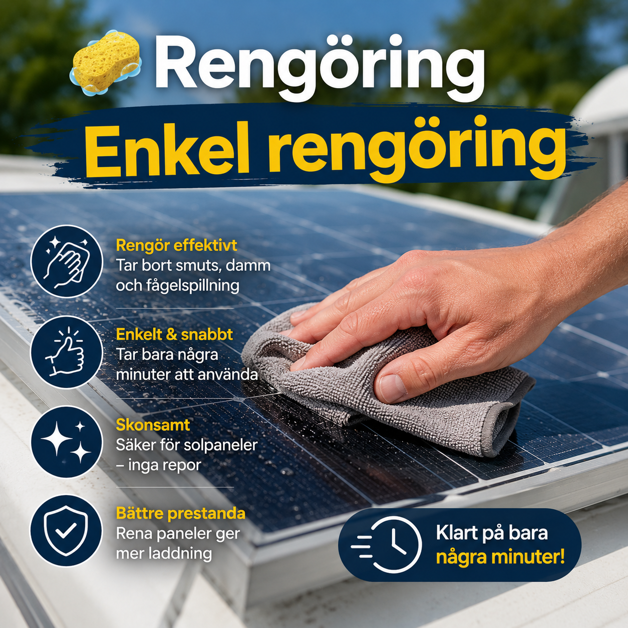 Enkel rengöring av solpanel på husbil med mikrofiberduk och Clean & Protect
