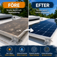 Före och efter rengöring av solpanel på husbil med Clean & Protect – smutsig panel jämfört med ren panel