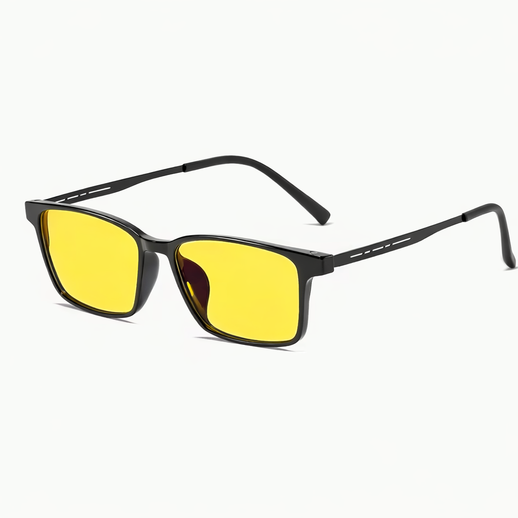 Nattkörningsglasögon i dammodell med gula linser som förbättrar kontrast och minskar bländning