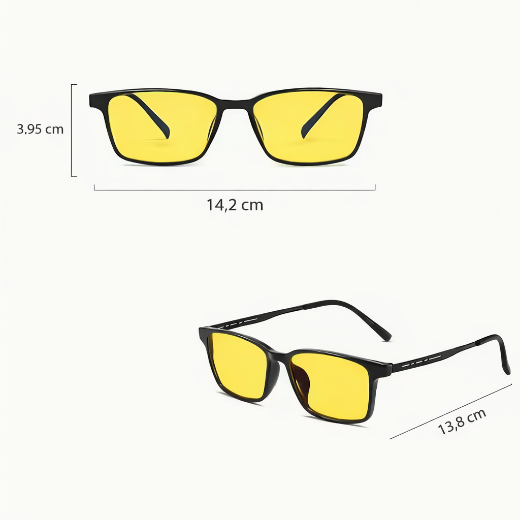 Nattkörningsglasögon för kvinnor med mått i cm – 14,2 cm bredd, 3,95 cm höjd och 13,8 cm skalmlängd