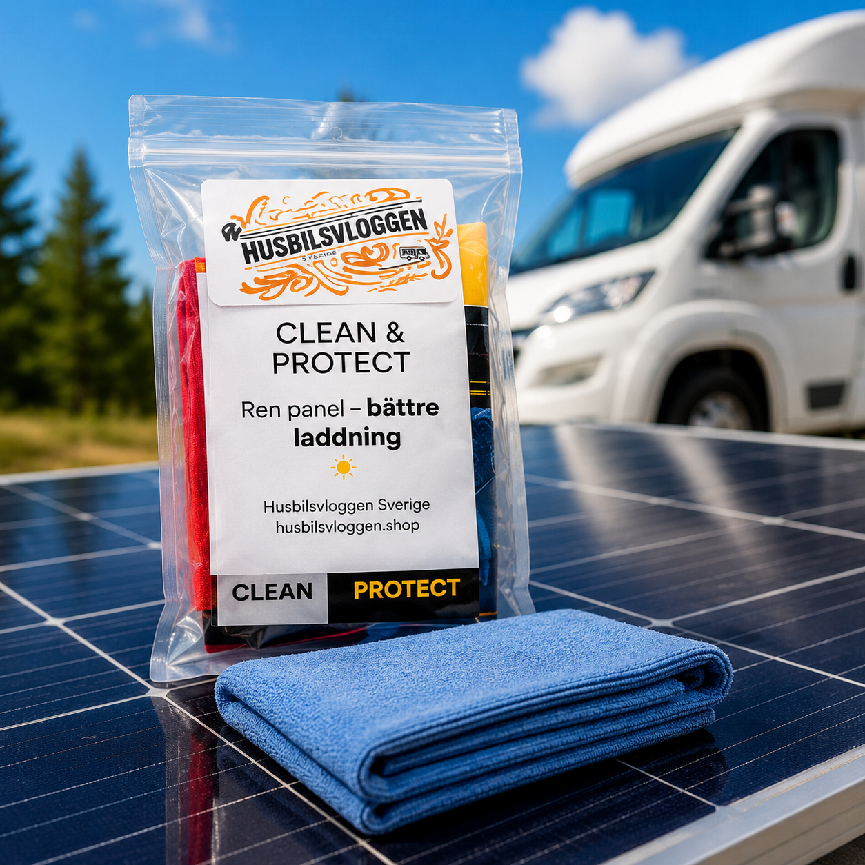 Clean & Protect solpanelvård för husbil med mikrofiberduk på solpanel framför husbil