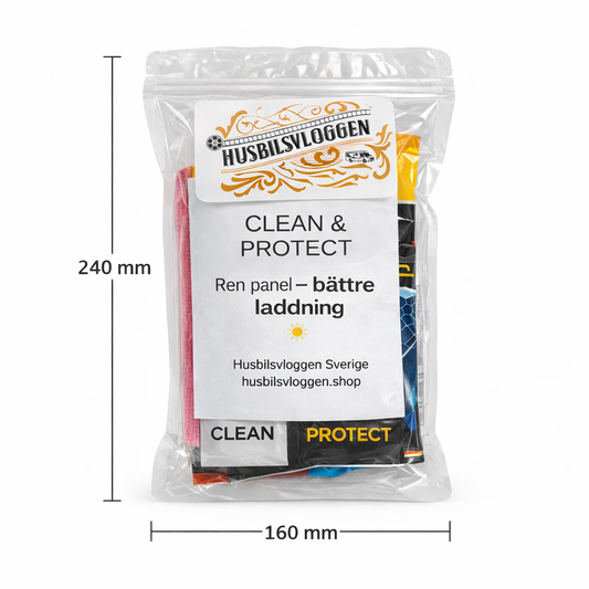Solpanelvård för husbil Clean & Protect kit med mått 160x240 mm i zip-påse från Husbilsvloggen