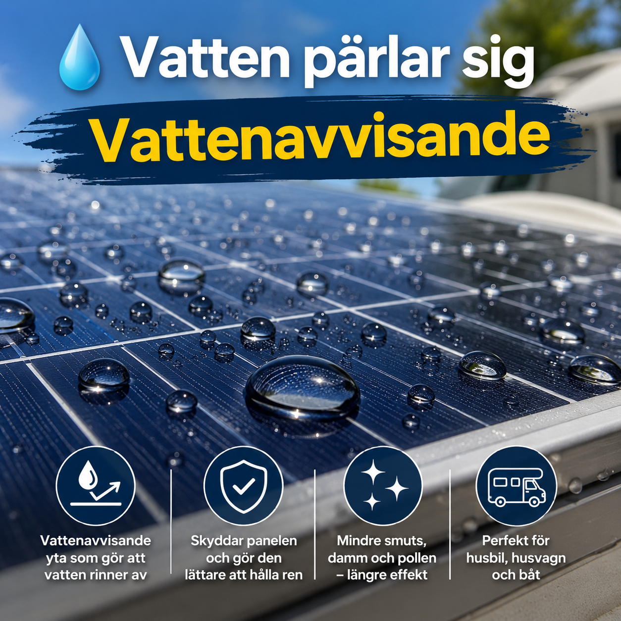 Vatten pärlar sig på rengjord solpanel efter behandling med Clean & Protect vattenavvisande skydd